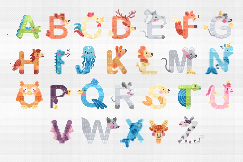 26 Letters Animal Alphabet Cross Stitch Kids Embroidery Etsy