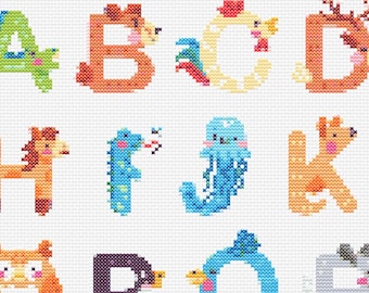 26 Letters Animal Alphabet cross stitch Kids Embroidery Patterns