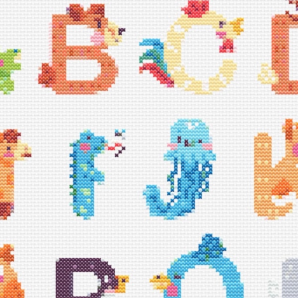 26 Letters Animal Alphabet cross stitch Kids Embroidery Patterns