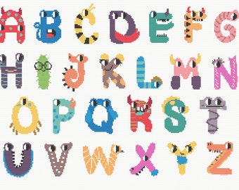 Könnte beinhalten: Ein farbenfrohes Alphabet, bei dem jeder Buchstabe als ein anderes Monster gestaltet ist. Die Buchstaben sind in einem Regenbogen von Farben, darunter Rot, Blau, Gelb, Grün, Lila, Orange, Rosa und Braun.