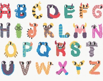 26 Letters Little Monsters Alphabet cross stitch Kids Embroidery Patterns - baby cross stitch chart