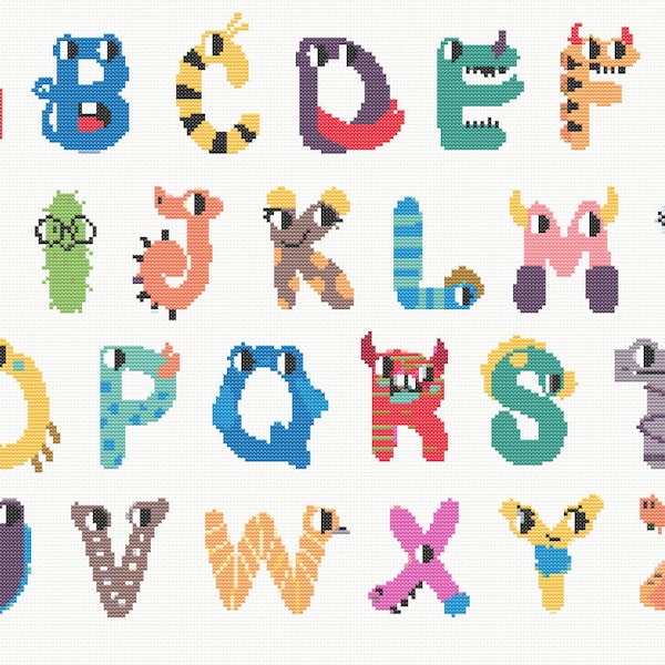 26 lettres petits monstres Alphabet point de croix enfants motifs de broderie - tableau de point de croix pour bébé