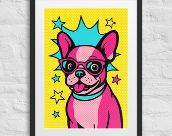 Pop Art French Bulldog Print, Retro Sunglasses, Fun Dog Lover Decor (Digital Download)