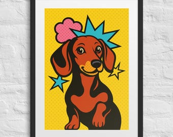 Lámina de perro salchicha estilo Pop Art – Póster retro de perro salchicha (Descarga digital)