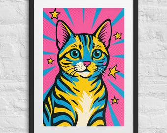 Pop Art Tabby Cat Print – Retro Stars, Colorful Home Decor (Digital Download)