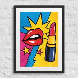 Pop Art Lipstick & Lips Wall Art Print – Retro Red Lips with Bold Makeup on Colorful Background – Fun Glam Beauty Lover Home Decor Poster