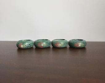 Audrey Hand Painted Wood Napkin Rings Floral Folk Art Green Set of 4 Philippines