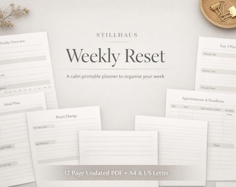 Planificador semanal de reinicio, organizador minimalista y neutro (A4/Carta estadounidense, descarga gratuita)