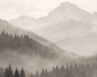 Arte de bosque de montaña brumoso, lámina de paisaje escandinavo neutro (descarga digital)