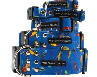 Fishing dog collar, boy dog collar, available in 15 sizes from XS to XL