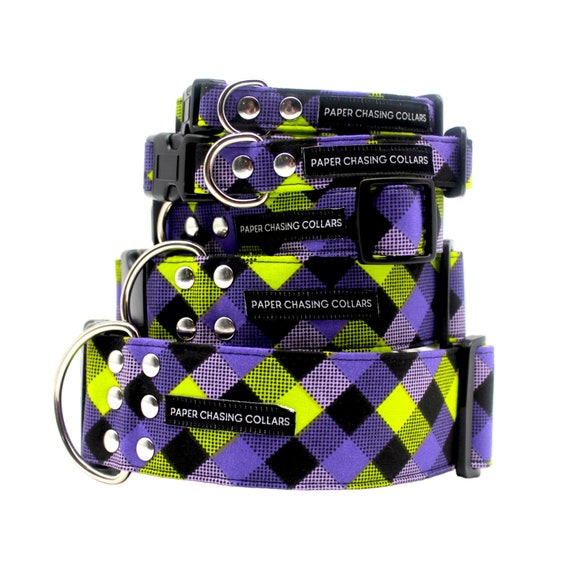 Plaid Halloween Dog Collar: Purple & Green Cotton, XS-XL