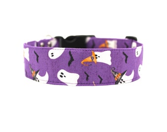 May include: Purple dog collar with a Halloween print featuring white ghosts, orange and black witch hats, and black bats.