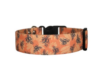 Bee Dog Collar, peach dog collar available in 15 sizes XS through XL