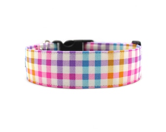 Spring Plaid Dog Collar: Easter Pastel Check, Adjustable Cotton