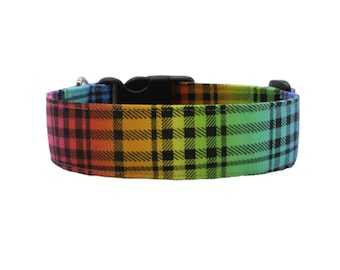 Rainbow dog collar, plaid dog collar,  available in 15 different sizes XS - XL