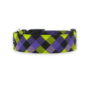 Pu&ograve; includere: Un collare per cani con motivo a quadri in nero, viola e verde lime.