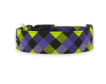 Plaid Halloween Dog Collar: Purple & Green Cotton, XS-XL