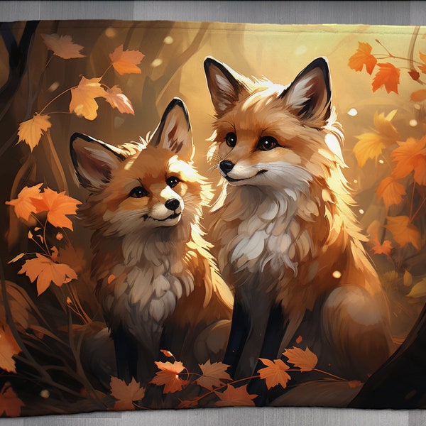 Fall Woodland Fox Blanket, Orange sunset, Cozy, Watercolor, Elegant, Home Decor, Fancy, Soft, Fox, harvest, decoration, gift