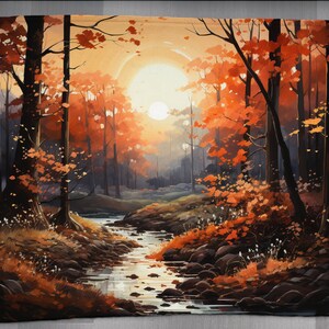 May include: A blanket featuring a vibrant autumn forest scene. The artwork depicts a stream flowing through a forest with trees in shades of orange and brown, under a bright sun. The blanket is rectangular.