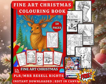 Fine Art Christmas Coloring Book, 50 Festive Pages Canva Template PLR
