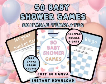 Baby Shower Games Bundle: 50 Printable Canva Templates, pregnant, New baby, PLR Resell Rights