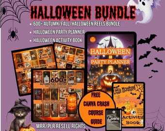 Halloween Social Media Bundle: Reels, Photos, Planner, Activity Book  Canva template PLR/MRR rights