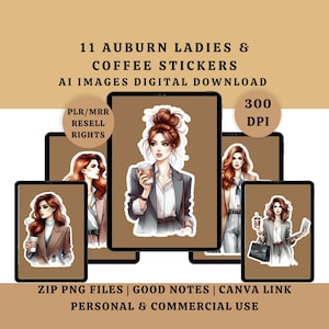 以下が含まれることがあります： 11個のAuburn Ladies & Coffeeステッカーのデジタルダウンロード。ステッカーは、コーヒーカップを持ったビジネスウェアの女性のイラストが特徴です。画像には「AI Images Digital Download」、「PLR/MRR Resell Rights」、および「300 DPI」というテキストが含まれています。