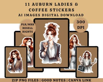 Auburn Ladies Coffee Clipart 11 Planner Stickers, Canva template Good notes resell rights Digital