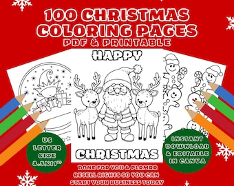 May include: A printable coloring page set featuring 100 Christmas themed illustrations. The image shows a sample page with Santa Claus, two reindeer, and a snow globe. The text on the page reads "Happy Christmas" and "Done for you & PLRMRR Resell Rights so you can start your business today".