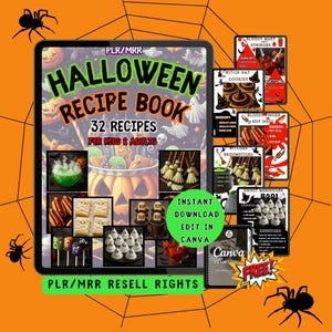 May include: A digital Halloween recipe book with 32 recipes for kids and adults. The cover features the title "Halloween Recipe Book" and images of themed treats like witch hat cookies, bloody finger hot dogs, and ghost meringues. The background is orange with spiderwebs.