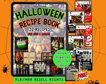 May include: A digital Halloween recipe book with 32 recipes for kids and adults. The cover features the title "Halloween Recipe Book" and images of themed treats like witch hat cookies, bloody finger hot dogs, and ghost meringues. The background is orange with spiderwebs.