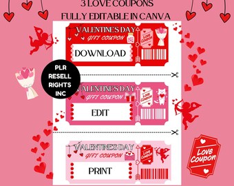 Editable Love Coupons, Valentine's Day Gift, DIY Printable Canva Template PLR/MRR Digital Download