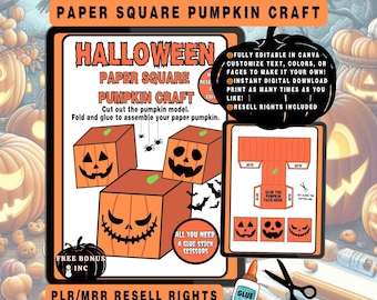 DIY Halloween Paper Pumpkin Craft: Canva Template, Kids Activity Digital Download, Master Resell Rights