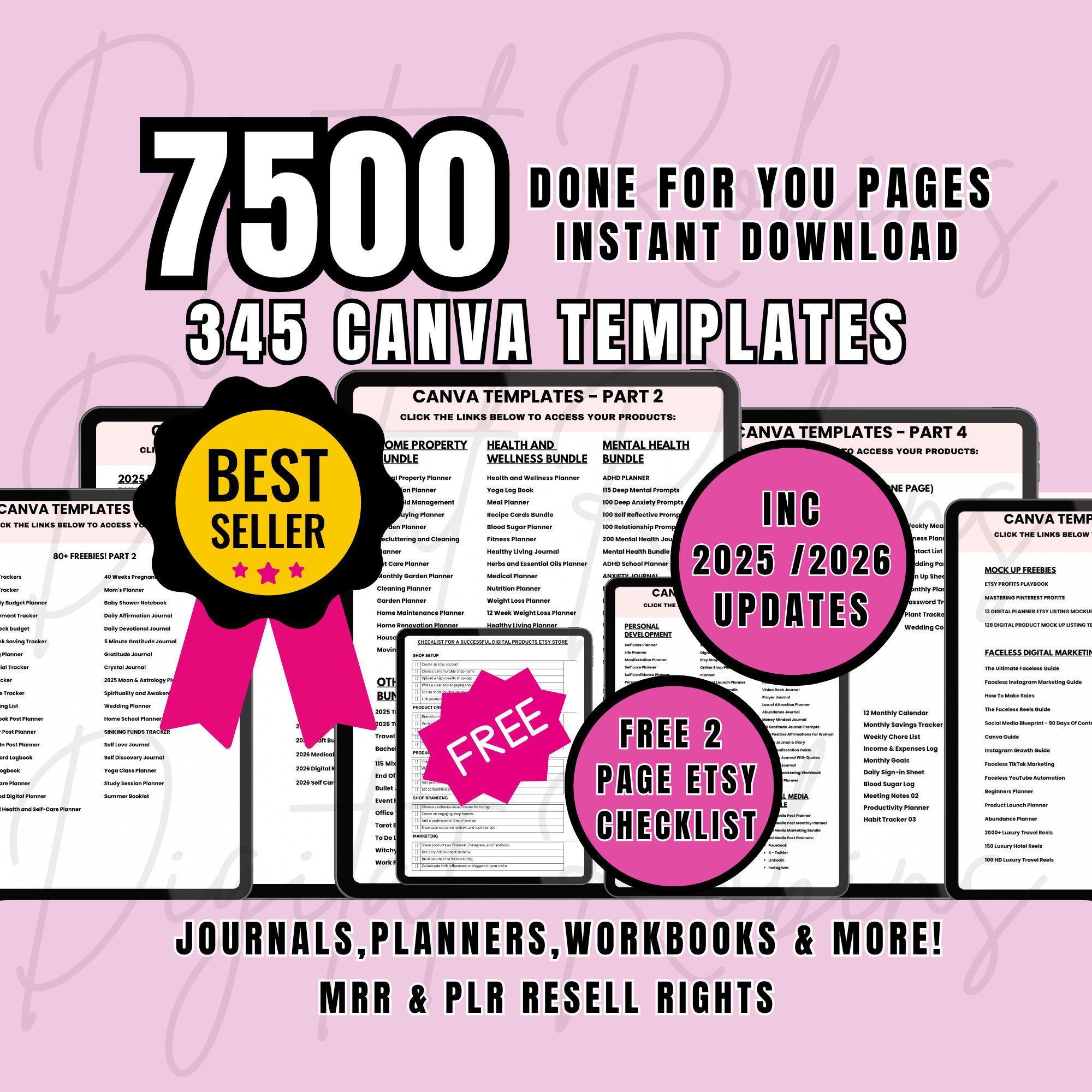 7500 Pages Bundle, journals planners, 345 Canva Templates, PLR/MRR Resell Rights Digital Download