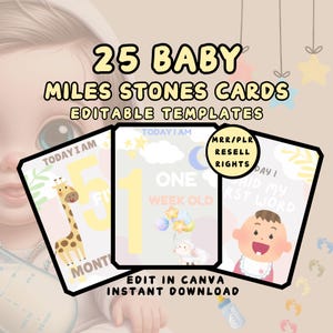 Modèles de cartes d'étape pour bébé, modèles imprimables modifiables en toile, cadeaux de bébé souvenirs pour la célébration du nouveau-né de bébé, droits de revente PLR MRR