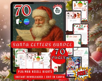 70 Santa Letters Bundle, Printable  Editable, Christmas  Activity, PLR/MRR 50 Free Colouring Pages