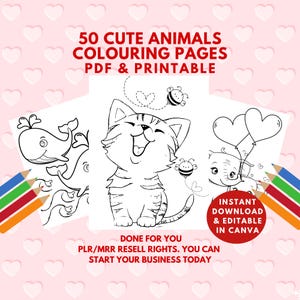Cute Animals Coloring pages, resell rights, kids Coloring Book, Digital Products, 50 coloring pages for kids, printable, hearts, MRR, PLR