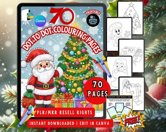 Kids Christmas Dot-to-Dot Coloring Book: 70 Page printable  Canva Template PDF PLR resell rights