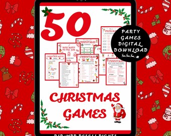 50 Christmas Game Bundle: Trivia, Word Search, festive family fun printable Canva template PLR
