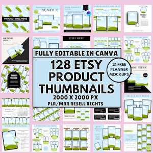 以下が含まれることがあります： 緑と青の色合いでデザインされた、デジタルプランナー用のEtsy製品サムネイル128個のセットです。サムネイルはCanvaで完全に編集可能で、無料のプランナーモックアップ21個が含まれています。テキスト「FULLY EDITABLE IN CANVA 128 ETSY PRODUCT THUMBNAILS 2000 X 2000 PX PLR/MRR RESELL RIGHTS」は青いボックスに表示されています。
