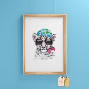 May include: A watercolor painting of a snow leopard wearing sunglasses and a blue and green bandana. The leopard is looking directly at the viewer.