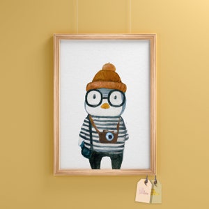 Hip Kids Penguin Print, Cool Animal Nursery Art, Unique Baby Penguin Poster, Lil Hipster Penguin, Digital Download, Original Watercolor Art