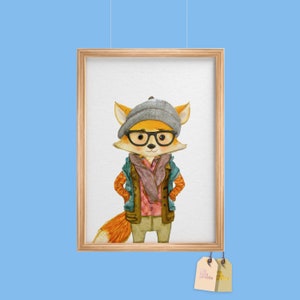 Hip Kids Fox Print, Cool Baby Animal Nursery Art, Unique Baby Fox Poster, Lil Hipster Fox, Printable Digital Download, Original Watercolor