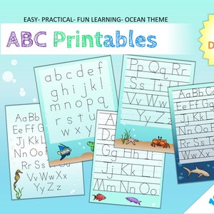 Op de afbeelding: Tien printbare werkbladen met een oceaan thema met stippellijnen om het alfabet te traceren. Elk werkblad heeft een andere zeedierenillustratie. De titel van de printbare set is "ABC Printables".