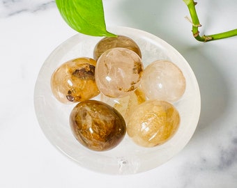 May include: A collection of six tumbled citrine stones in a white bowl. The stones are various shades of brown and yellow.