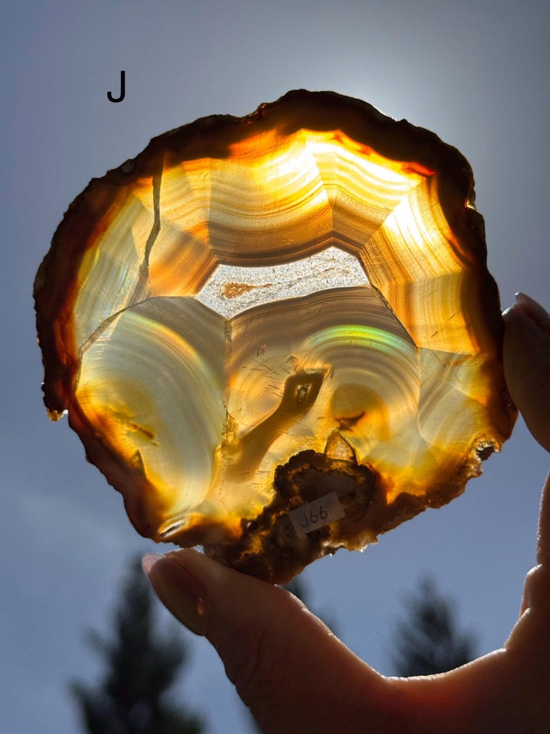 May include: A layered agate stone with translucent bands of orange, brown, and white. The stone is held up to the light, showcasing its intricate patterns and natural beauty. The text "J" is in the upper left corner.