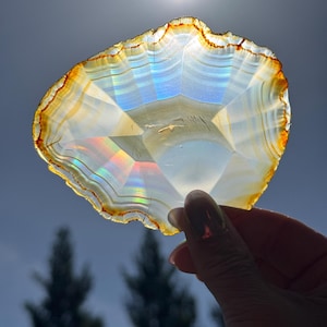 May include: A translucent, polished agate slice with a natural, irregular edge. The stone displays bands of white, yellow, and orange, with internal rainbow iridescence. Held against a bright sky, the light shines through the stone.