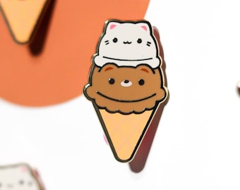 Ice Cream Cat & Bear Hard Enamel Pin | Kawaii enamel pin | Cute enamel pin | Aesthetic enamel pin | Bear enamel pin | cat enamel pin