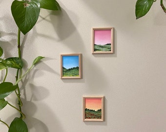 Hand Painted Miniature Fridge Magnet, Sunset and Flower Field Artwork, Kitchen Decor, Whimsical Decor, Unique Kitchen Accessories, Valentine