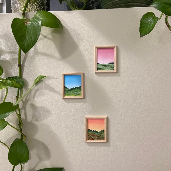 Hand Painted Miniature Fridge Magnet, Sunset and Flower Field Artwork, Kitchen Decor, Whimsical Decor, Unique Kitchen Accessories, Valentine